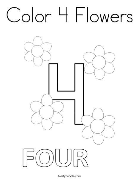 Color 4 Flowers Coloring Page - Twisty Noodle Number 4 Coloring Page, Number 4 Crafts For Preschoolers, Colouring Worksheet, Worksheet Math, Cloud Template, Preschool Number Worksheets, Alphabet Crafts Preschool, Twisty Noodle, Maths Worksheets