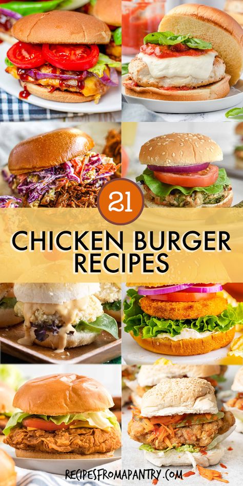 Tantalize your taste buds with these 21 chicken burger recipes! Chicken burgers are a lighter and healthier alternative to beef burgers while still delivering tons of flavor. Includes options made from ground chicken, chicken breast, or shredded chicken, plus so many different seasonings, sauces, and toppings. If you're a fan of classic combinations or crave bold and unique flavors, there's a recipe to suit your taste. Click through to get these awesome chicken burgers recipes!! #chickenburgers Ree Drummond Buffalo Chicken Burgers, Gourmet Chicken Burgers, Best Chicken Burger Sauce, Spicy Ground Chicken Burgers, Chicken Burger Topping Ideas, Spicy Chicken Burger Recipe, Shredded Chicken Burgers, Chicken Burger Toppings, Burger Recipes Chicken