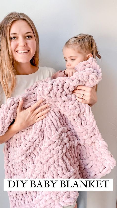 ANGELA HOLM 💛 on Instagram: “How CUTE is this chunky baby blanket?! #ad I handmade this blanket using Loops & Threads Chenille Home Grand yarn! Comment if you want a…” Chunky Chenille Yarn Projects Crochet, Chunky Hand Knit Baby Blanket Diy, Striped Hand Knit Blanket, Chunky Yarn Hand Knit Blanket, Hand Knit Baby Blanket Diy, Crochet Baby Blanket Chenille Yarn, Chunky Baby Blanket Knitting Pattern, How To Make Chunky Yarn, Chunky Chenille Yarn Projects