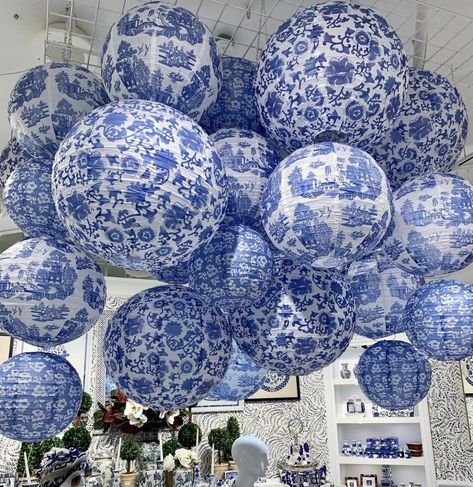 Almafi Wedding Theme, Blue White Garden Party, Chinoiserie Engagement Party, Blue And White Paper Lanterns, Blue Outdoor Party Decor, Toile Party Decor, Ginger Jar Bridal Shower Decor, Blue And White Floral Party, Coastal Theme Party Decor