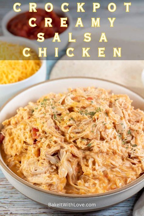 This crockpot creamy salsa chicken is an effortless, yet incredibly delicious, dinner that only uses 3 ingredients! Enjoy this tender and flavorful meat on tacos, in enchiladas, quesadillas, and more! It's so simple that you'll definitely be adding it to your weekly dinner rotation! BakeItWithLove.com Creamy Chicken Fajitas Crockpot, Creamy Chicken Tacos Crockpot, Creamy Salsa Chicken, Crockpot Salsa Chicken, Crockpot Salsa, Salsa Chicken Crockpot, Chicken Mexican, Mexican Entrees, Slow Cooker Salsa Chicken