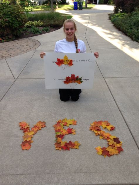 This was my response to a creative homecoming ask On poster: What a re-LEAF that… Harvest Dance Poster Ideas, Dance Responses, Dance Poster Ideas, Harvest Dance, Dance Asks, School Dance Ideas, Winter Dance, Halloween Dance, Dance Ideas