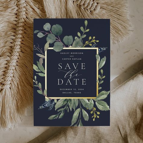 Eucalyptus &amp; Sage Foil Save the Date Card - navy gold save the date invitations Midnight Blue And Sage Green Wedding, Navy Gold Eucalyptus Wedding, Dark Green And Eucalyptus Wedding, Deep Blue And Sage Wedding, Navy Green And Silver Wedding, Eucalyptus And Navy Blue Wedding, Blue Sage Gold Wedding, Winter Wedding Blue And Green, Navy Blue And Sage Green Wedding Decorations