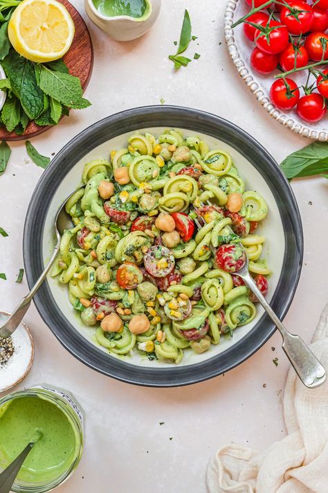 Green Goddess Pasta Salad with Chickpeas (Vegan High-Protein) - Nourishing Amy Pasta Salad Chickpeas, Pasta Salad With Chickpeas, Green Goddess Pasta Salad, Green Goddess Pasta, Vegan Green Goddess, Salad Chickpeas, Protein Pasta Salad, Salad With Chickpeas, Protein Pasta