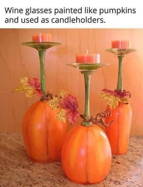 Wine Glass Centerpieces, Pumpkin Wine, Wine Glass Candle Holder, Pumpkin Candle Holder, Wine Glass Decor, Wine Glass Candle, Autumn Wine, Diy Wine Glasses, Easy Fall Decor