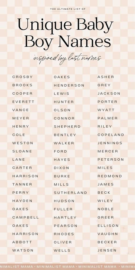 Searching for unique baby names and meanings to add to your baby names list? These are the BEST unique baby boy names in 2025 that are ACTUALLY last names - but still super wearable and cool. If you love cool boy name - do NOT miss this super cute collection of baby boy names for 2025. Cute Baby Names Unique List, Last Names As First Names, Unique Boys Names, Baby Names Unique Boy, Baby Boy Name List, Names And Meanings, Country Baby Names, Names For Boys List