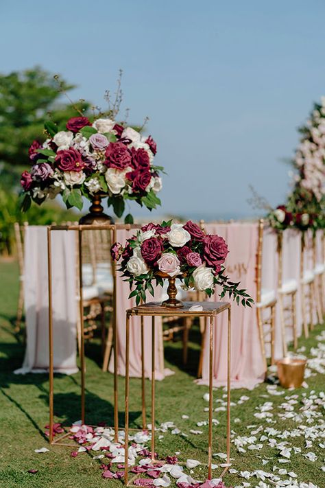 http://weddingboutiquephuket.com/gallery/hongkongweddingphuket/ Burgundy And Blush Aisle Decor, Burgundy Stage Decor Wedding, Maroon And Blush Pink Wedding Decor, Maroon And Pink Wedding Flowers, Burgundy Flower Table Decor, Ceremony Floral Arrangements, Wedding Ceremony Floral Arrangements, Blush And Burgundy Wedding, Pink And Burgundy Wedding