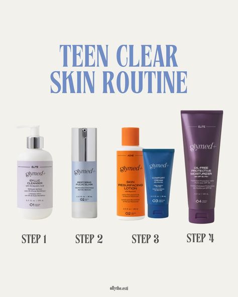 Glymed+ Home Care Regimen Series Part 2! Teen Clear Skin! This set is perfect for younger skin, ages 13-22. These products are gentle yet affective! These four products will be a great simple introduction into a skincare routine with the goal of clearing teenage acne Step 1: CLEANSE with Idyllic Cleanser Step 2: TREAT with Restoring Fulvic Elixir Step 3: MOISTURIZE/TREAT with a 1:1 of Comfort Cream and Skin Resurfacing Lotion Step 4: PROTECT with Oil Free Protective Lotion SPF 30 Addi... Slugging For Acne Prone Skin, Glass Skin For Acne Prone Skin, Glass Skin Routine For Oily Skin, Teen Acne Skincare Routine, Aveeno Clear Complexion, Clear Skin Routine, Teenage Acne, Skin Resurfacing, Younger Skin