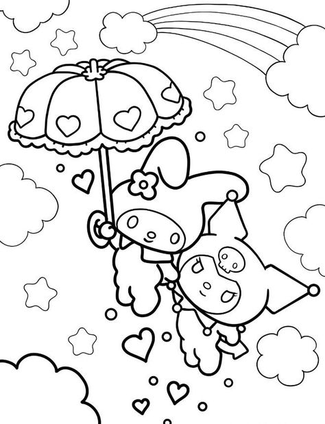 Umbrella Carrying Kuromi And Melody In The Air Hello Kitty Colouring Pages, Love Coloring Pages, Kitty Coloring, Hello Kitty Coloring, Detailed Coloring Pages, Hello Kitty Drawing, Coloring Page Ideas, Hello Kitty Art, Easy Coloring Pages