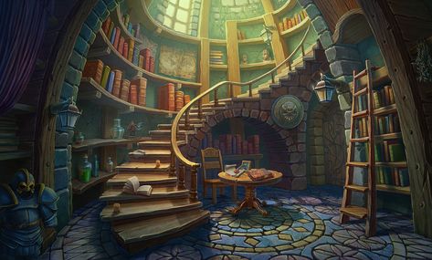 Location from casual game, Alexey Mordovets on ArtStation at https://www.artstation.com/artwork/Pegzo Library Concept Art, Library Concept, Hunting Games, Interior Concept Art, Witches House, Library Games, Sisterly Love, Fantasy Rooms, Fairy Home