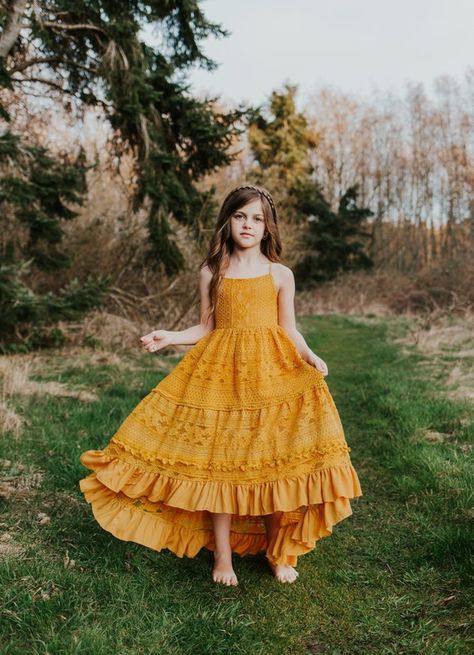 Mustard Jr Bridesmaid Dresses Summer Hippie Flower Girl | Etsy Mustard Lace Dress, Flowy Lace Dress, Girls High Low Dress, Summer Flower Girl Dresses, Bohemian Flower Girl Dress, High Low Ruffle Dress, Peaceful Countryside, Girls Yellow Dress, Bohemian Kids