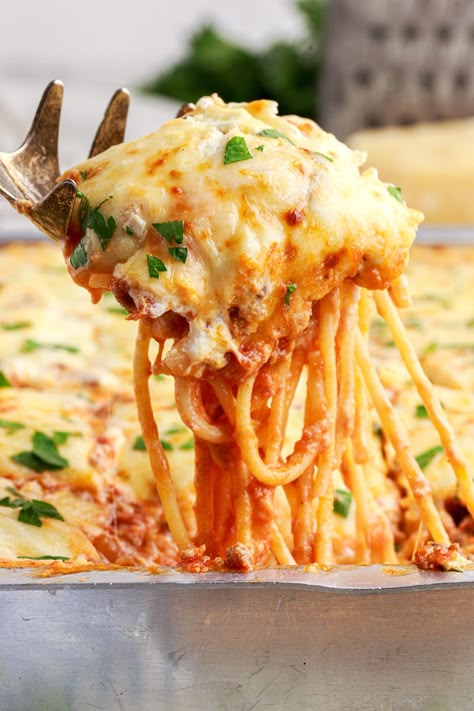 Layers of savory meat sauce, spaghetti, ricotta, and both mozzarella and parmesan cheese come together to make this creamy, bubbly, million dollar spaghetti casserole. Spaghetti Ricotta, Meat Sauce Spaghetti, Noodle Party, Million Dollar Spaghetti Casserole, Delicious Casseroles, Recipes Hamburger, Budget Dinner, Million Dollar Spaghetti, Sauce Spaghetti