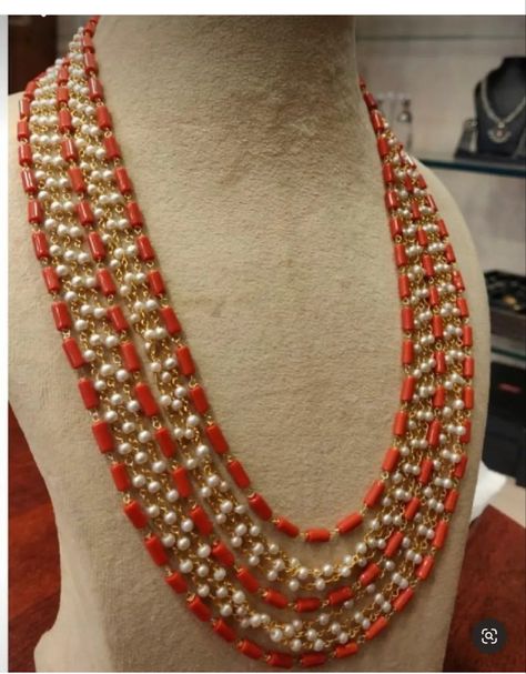 Coral Beads Jewellery Indian Gold, Beads Necklace Ideas Indian, Pearl And Coral Gold Chain, Coral And Pearl Beads Jewellery, Surekha Konidela Jewellery, Pagadalu Chains, Beads Jewelry Indian Gold Latest, Coral Chains Gold Indian, Pagadala Haram Designs