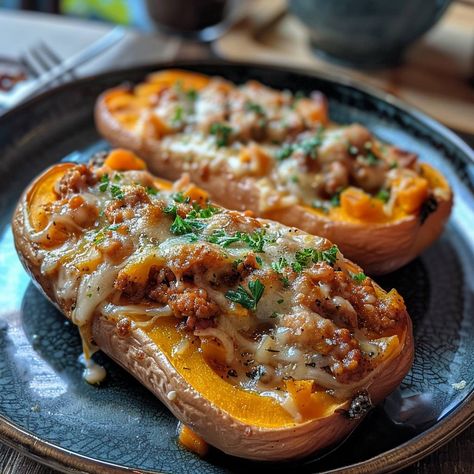 Butternut Squash Stuffed with Bolognese Ingredients: For the Butternut Squash: 2 medium butternut squashes, halved lengthwise and seeds removed 2 tbsp olive oil Salt and freshly ground black pepper, to taste For the Bolognese Sauce: 1 lb ground beef (or a mix of beef and pork) 1 large onion, finely chopped 2 cloves garlic, minced 2 carrots, finely chopped 2 celery stalks, finely chopped 1 can (14.5 oz) diced tomatoes 2 tbsp tomato paste 1 cup beef broth 1/2 cup dry red wine (optional) 1 tsp d... Butternut Squash Ground Beef, Butternut Squash Stuffed, Stuffed Butternut Squash, Stuffed Butternut, Butternut Recipes, Basil Salt, Dried Basil, Mince Recipes, Dry Red Wine