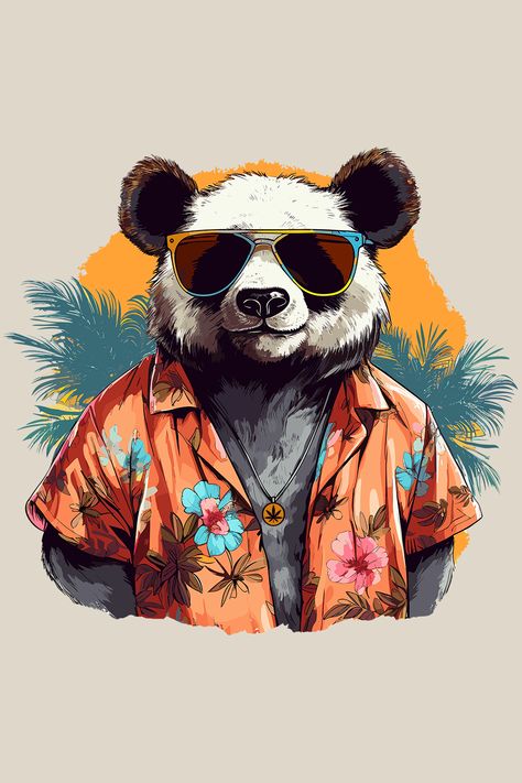 A vector artwork of a cool panda in a Hawaiian shirt and sunglasses. Born to be cool and carefree. This cool animal illustration captures chill, laid-back, and carefree vibes. Laidback Lane design. Chill Illustration, Panda Vector, Panda Logo, Panda Illustration, Cool Panda, Cool Shirt Designs, Panda Design, Creatures Art, Friends Art