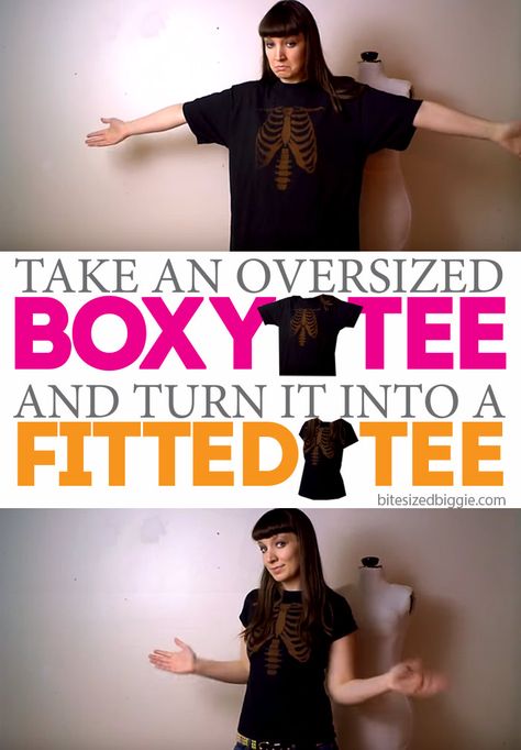 How to Remake a Boxy T-Shirt into a Fitted Tee: T-shirt Refashion Thick T Shirt, How To Take In Sleeves, How To Style Over Sized T Shirt, How To Tailor A Tshirt, How To Make A Tee Shirt Cute, How To Size Down A Shirt, Diy Tshirt Upcycling, How To Make An Oversized Shirt Fit Ideas, How To Make A Big Shirt Smaller