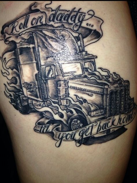 Tattoo Tractor Trailer Tattoos, Peterbilt Tattoo Ideas, Trucker Memorial Tattoos, Log Truck Tattoo, Semi Truck Tattoo Ideas, Trucking Tattoos, Peterbilt Tattoo, Truck Driver Tattoo Ideas, Trucker Tattoo Ideas