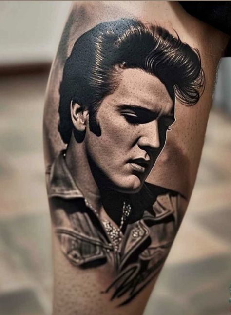 Elvis Portrait Tattoo, Elvis Presley Tattoo Ideas, Elvis Presley Tattoo, Elvis Tattoo, Elvis Jumpsuits, Calf Tattoo, Face Tattoos, Tattoos Ideas, Beauty Tattoos