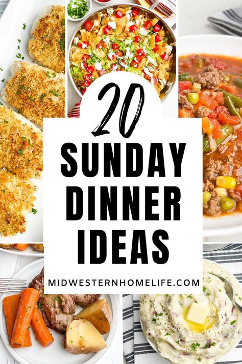 These 20 delicious Sunday dinner ideas are perfect for lazy Sunday night meals and special family occasions. Find easy dinner ideas for cozy, cheesy casseroles, baked chicken, chili, cozy pasta, hearty soup, pork chops, slow cooker pot roast, and more! Sunday Night Dinners Ideas, Sunday Night Meals, Delicious Sunday Dinners, Sunday Night Supper Ideas, Small Family Dinner Ideas, Sunday Dinners Family, Sunday Lunch Ideas Families, Rainy Day Recipes Dinners, Sunday Dinner Ideas Families