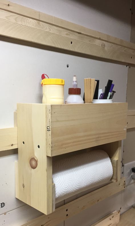 Paper towel dispenser with glue up and pencil holder. French Cleat Storage, Tool Wall Storage, Metal Paper Towel Holder, Garage Workbench Plans, Garage Workshop Organization, Paper Towel Dispenser, Garage Organization Diy, Woodworking Storage, Tool Storage Diy