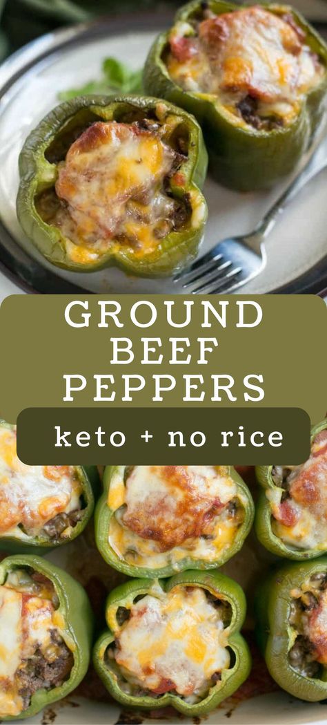 A ground beef low carb stuffed peppers recipe that makes a tasty meal by just popping it in the oven. It can even be made ahead and frozen for an easy meal any time. Healthy Stuffed Peppers | Without Rice Stuffed Peppers | Gluten Free stuffed peppers Stuffed Bell Peppers Ground Beef, Easy Stuffed Pepper Recipe, Low Carb Stuffed Peppers, Stuffed Peppers Beef, Camping Meal Planning, Keto Stuffed Peppers, Easy Stuffed Peppers, Stuffed Peppers Healthy, Stuffed Peppers Recipe