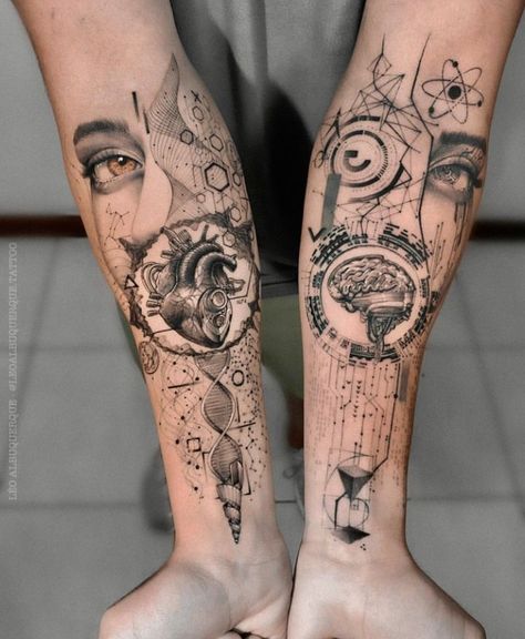 Leo Albuquerque • No Regrets UK London Tattoo Studio Biology Sleeve Tattoo, Science Tattoo Sleeve Ideas, Realism Patchwork Tattoo Sleeve, Bionic Tattoos For Men, Neo Expressionism Tattoo, Micro Realism Tattoo, Positivity Tattoo, Micro Realism, Geometric Tattoo Sleeve Designs