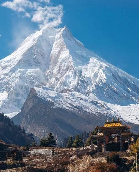 Manaslu Mountain, Nepal Aesthetic, Mountain Everest, Nepal Himalayas, Temple Painting, Himalayas Mountain, Mountains Aesthetic, Majestic Mountains, Snow Mountain