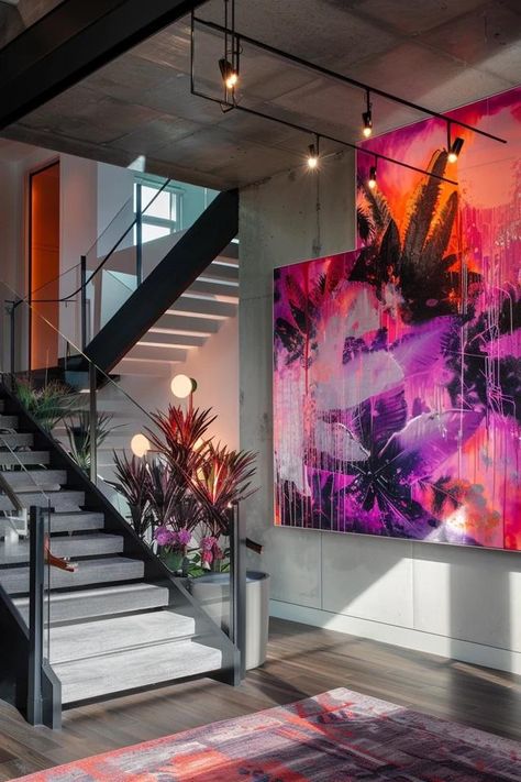 How To Hang Large Art On Staircase Wall: Dramatic Displays Art On Staircase Wall, Living Industrial, Art Placement, Textured Paint, Backyard Balcony, Staircase Wall, Accent Wall Ideas, Oversized Art, Large Artwork