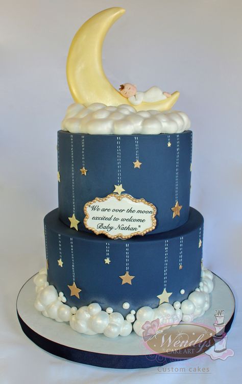 www.wendyscakeart.com Baby cake, baby shower cake, boy cake, blue cake, moon cake, clouds cake Moon Baby Shower Cake, Torturi Baby Shower, Fair Cake, Cake Baptism, Gold Baby Shower Cake, Moon Stars Baby Shower, Star Baby Shower Theme, Coffee Line, Cloud Cake