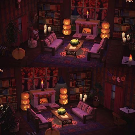 Acnh Spooky Living Room, Acnh Halloween Room Ideas, Acnh Halloween Interior, Acnh Halloween House, Acnh Haunted House, Spooky Island Animal Crossing, Animal Crossing Spooky Island, Spooky Acnh Island, Spooky Animal Crossing Island