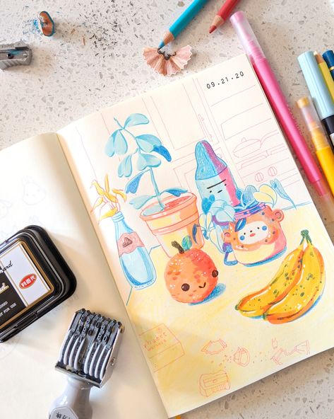 Drawing Colorful Aesthetic, Watercolor With Colored Pencils, Illustration With Markers, Colored Pencil Cartoon, Applecheeks Art, Color Pencil Doodle Art, Color Pencil Journal, Watercolor And Pencil Illustration, Drawing With Crayola Markers