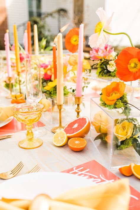 Citrus And Champagne Party, Fruit Salad Bridal Shower Brunch Ideas, Citrus Decor Wedding, Orange And Lemon Wedding Theme, Citrus Theme Dinner Party, Summer Citrus Theme Party, Grapefruit Bridal Shower Theme, Citrus Bachelorette Theme, Grapefruit Centerpiece