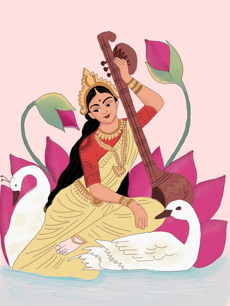 Saraswati Puja Drawing For Kids, Durga Art Paintings, Sarswati Maa Paintings, Laxmi Goddess Drawing, Sarswati Maa Drawings, Saraswati Goddess Paintings Sketch, Saraswati Puja Drawing, Indian Illustration Character, Saraswati Goddess Paintings