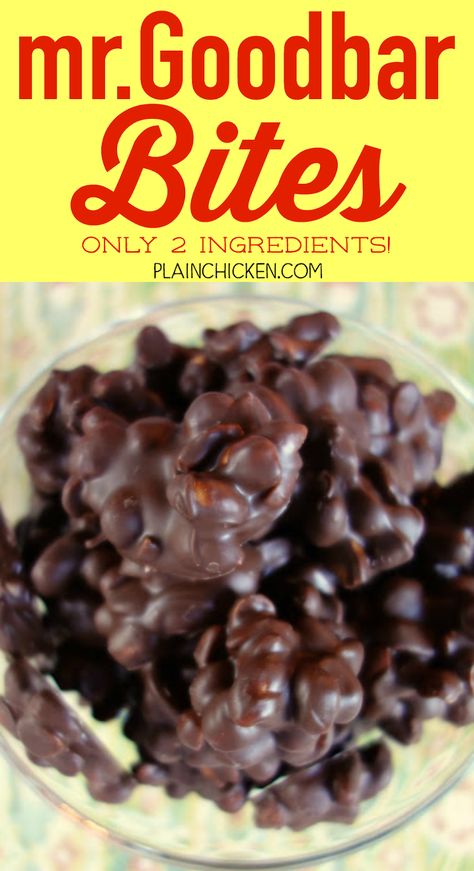 Mr. Goodbar Bites - only 2 ingredients! Takes a minute to make and people go nuts over these things! Great for holiday gifts and parties. Mr Goodbar, Chocolate Covered Raisins, Crockpot Candy, Chocolate Candy Recipes, Chocolate Covered Peanuts, Chocolate Candies, Candy Truffles, Plain Chicken, Candy Recipes Homemade