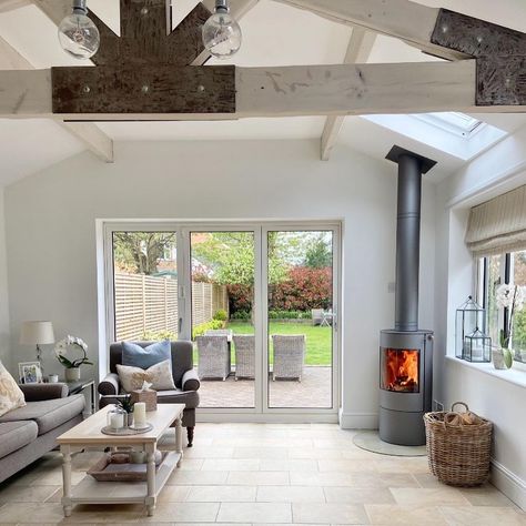 Corner Log Burner, Modern Log Burners, Log Burner Living Room, Kitchen Renovation Inspiration, House Extension Plans, Living Room Entertainment Center, Bungalow Renovation, Room Extensions, Open Plan Kitchen Living Room