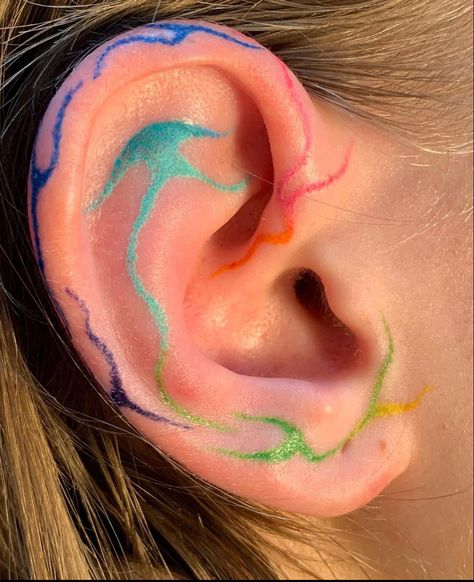 Colorful Tattoo Aesthetic, Unique Tattoos Color, Colorful Line Tattoo, Colorful Ear Tattoo, Colored Line Tattoo, Minimalist Color Tattoo, Simple Colorful Tattoos, Healing Hand Tattoo, Color Test Tattoo