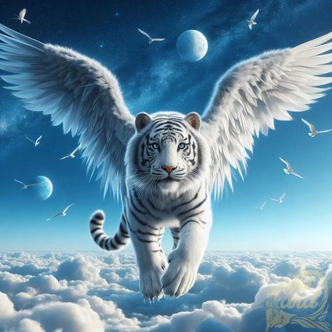 https://card9.com/ai/white-tiger-has-wings Tiger With Wings, Big Cats Art, Angel Cat, Blue Tigers, White Tiger, Hand Crafted Gifts, Unframed Art, May 5, Guardians Of The Galaxy