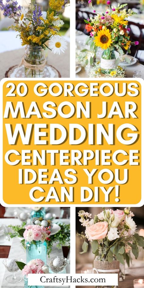 DIY wedding decorations can save you so much money. Explore creative mason jar crafts that double as stunning wedding centerpiece ideas, offering a beautiful blend of simplicity and sophistication for your table decor. Floral Mason Jar Centerpieces, Simple Glass Jar Centerpieces, Mason Jar Wedding Centerpieces Diy, Mason Jar Centerpieces With Pictures, Creative Centerpiece Ideas, Simple Mason Jar Centerpieces Wedding, Mason Jar Vase Ideas, Mason Jar Floral Centerpieces, Simple Diy Wedding Centerpieces