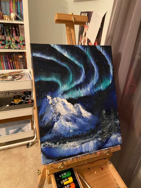 Painting Bob Ross, Aurora Borealis Painting, Aurora Borealis Art, Northern Lights Art, Sketch Board, Northern Lights Painting, Bob Ross Paintings, Painting Pottery, Inspired Painting