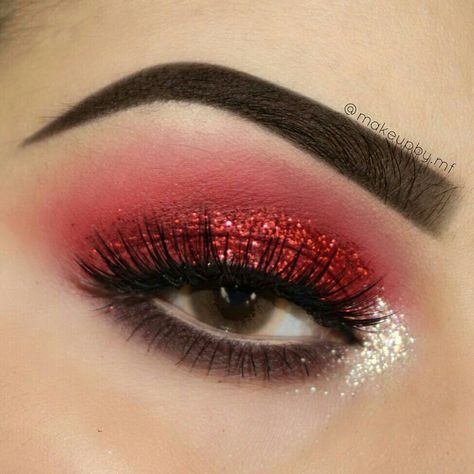 Red And Silver Glitter Makeup, Red And Gold Eyeshadow Looks For Quince, Red Eyeshadow Easy, Red Cheer Makeup, Red And Gold Quince Makeup Looks, Red Makeup Looks Glitter, Red Makeup Christmas, Red Sparkly Eyeshadow, Red And Sliver Makeup Prom