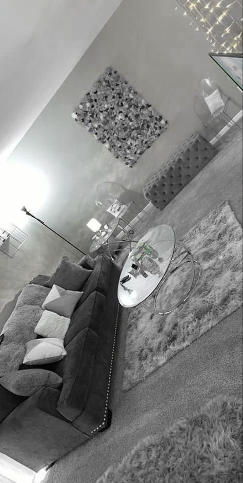 Cute Grey Living Room Ideas, Black And Gray House Decor, Gray Themed House, Black White Grey Silver Living Room, Black Gray And Silver Living Room, Black White And Silver Apartment, Silver Apartment Decor, Grey And White Living Room Ideas Cozy, Grey And Silver Living Room Ideas