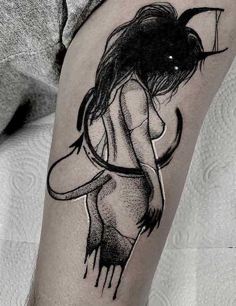 27 Best Creative And Unusual Demon Tattoo Designs Unusual Tattoo Designs, Demonic Female Tattoos, Demon Arm Tattoo, Demonic Tattoo Ideas, Inner Demons Tattoo, Woman Body Tattoo Design, Creepy Tattoos For Women, Demon Woman Tattoo, Demon Tattoo Ideas