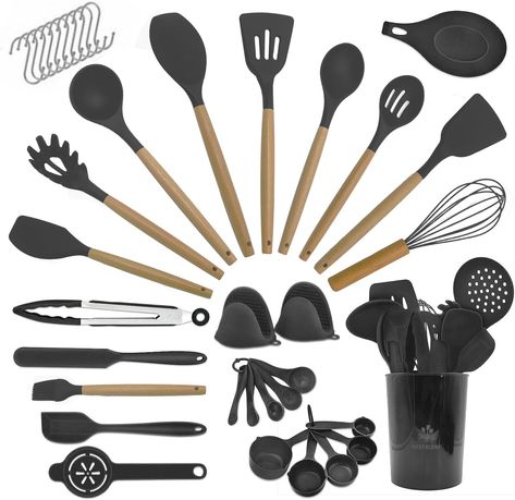 NestBlend Nonstick Black Wooden Kitchen Utensils Set - 38 Pieces Kitchen Utensil Set - Kitchen Gadgets Cookware Set - Cooking Utensils Silicone Kitchen Set - Utensils Set with Holder Heat Resistant. Silicone Utensil Set, Kitchenware Set, Silicone Cooking Utensils, Silicone Kitchen Utensils, Silicon Utensils, Utensils Set, Tongs Kitchen, Cooking Utensil, Kitchen Cooking Utensils