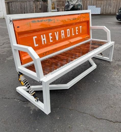 Chevy Tailgate Bench, Tailgate Benches, Truck Tailgate Bench, Stepside Truck, Tailgate Bench, 4h Ideas, Car Parts Decor, Headboard Benches, Man Cave Room