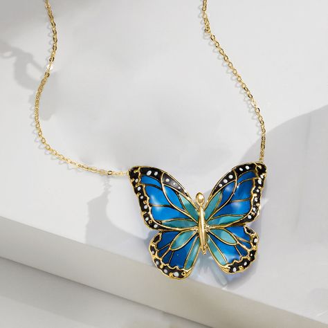 Ross-Simons - Italian Multicolored Enamel Butterfly Necklace in 14kt Yellow Gold. 18". Skilled Italian artisans crafted this beautiful butterfly necklace. Gorgeous blue, white and black enamel transforms this polished 14kt yellow gold butterfly into a true work of art. Cable chain. Springring clasp, enamel butterfly necklace. Blue Butterfly Jewelry, Handmade Butterfly Necklace, Butterfly Jewelry Necklace, Gold Butterfly Jewelry, Butterfly Jewellery, Enamel Butterfly, Magical Accessories, Beauty Magic, Stained Glass Butterfly