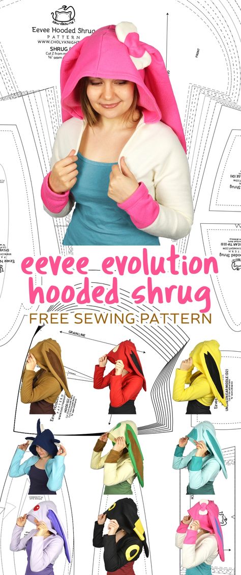 Free Pattern Friday! Eevee Evolution Hooded Shrug | Choly Knight Shrug Pattern, Plushie Patterns, Free Sewing Pattern, Sewing Stuffed Animals, Sew Ins, Trendy Sewing, Creation Couture, Plush Pattern, Sewing Design