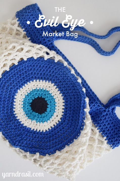 Evil Eye Market Bag | Yarndrasil Evil Eye Crochet Bag Pattern Free, Crochet Evil Eye Pillow Free Pattern, Evil Eye Crochet Pattern Free, Evil Eye Crochet, Crochet Evil Eye, Eye Crochet, Bag Free Crochet Pattern, Crochet Market, Crochet Market Bag