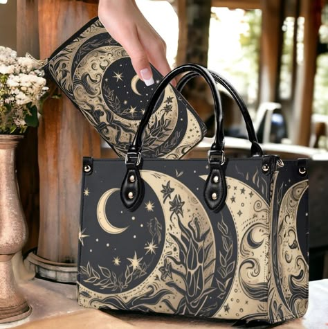 Witchy Cottagecore, Gothic Purse, Checkbook Wallet, Vegan Leather Handbag, Unique Purses, Leather Pattern, Art Unique, Moon Child, Handbag Purse