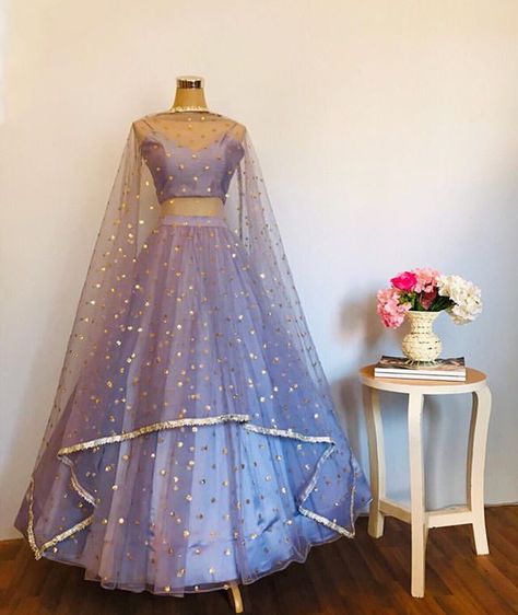 Lehenga Aesthetic Designs, Lavender Lengha, Rainbow Lehenga, Purple Half Saree, Lavender Color Wedding, Modern Lehangas, Desi Fits, Bridesmaid Lehenga, Simple Lehenga