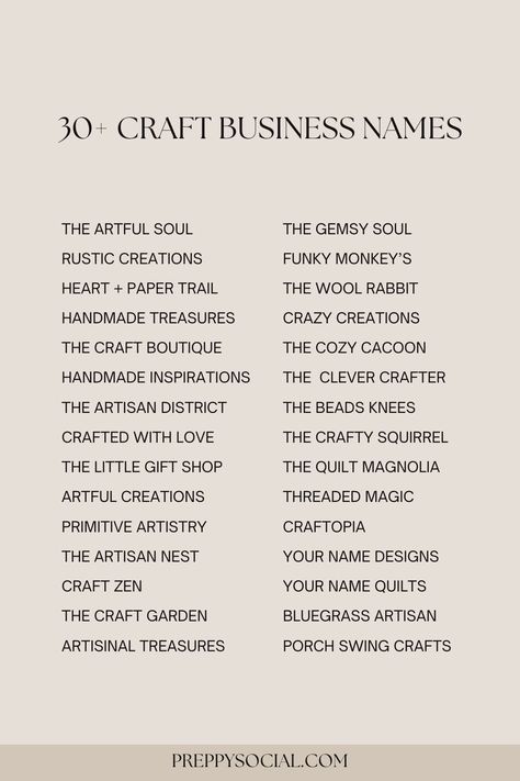 35 Craft Business Names That Will Inspire You

Looking for a unique and inspiring name for your craft business? Check out this list of 35 great options! #craftbusiness #craftnames#Craft_Account_Names_For_Instagram #Crochet_Account_Name_Ideas #Names_For_Crochet_Business #Cricut_Business_Names Crochet Account Name Ideas, Business Account Name Ideas, Unique Business Names Ideas Creative, Craft Names For Business Ideas, Craft Name Ideas, Instagram Account Names, Candle Business Names Ideas, Business Name Ideas Creative, Small Business Names Ideas